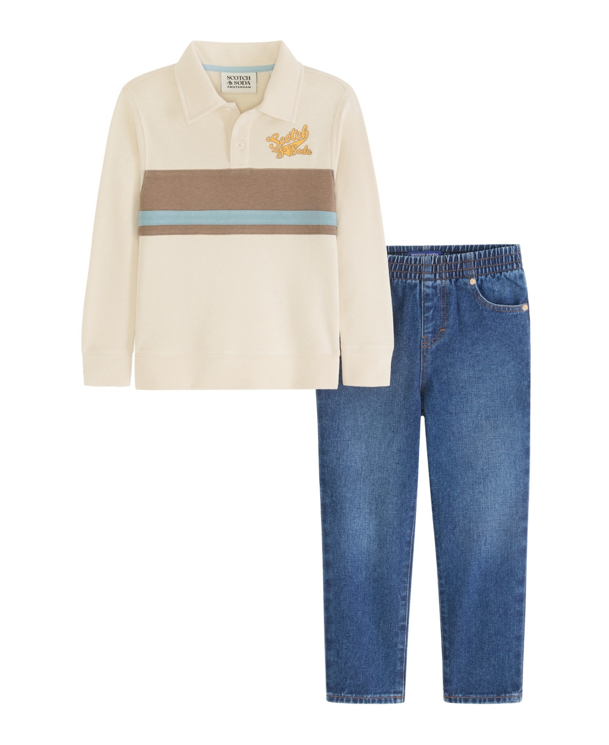 Scotch & Soda Big Boys Cotton French Terry Polo Denim Pant Set In Parchment