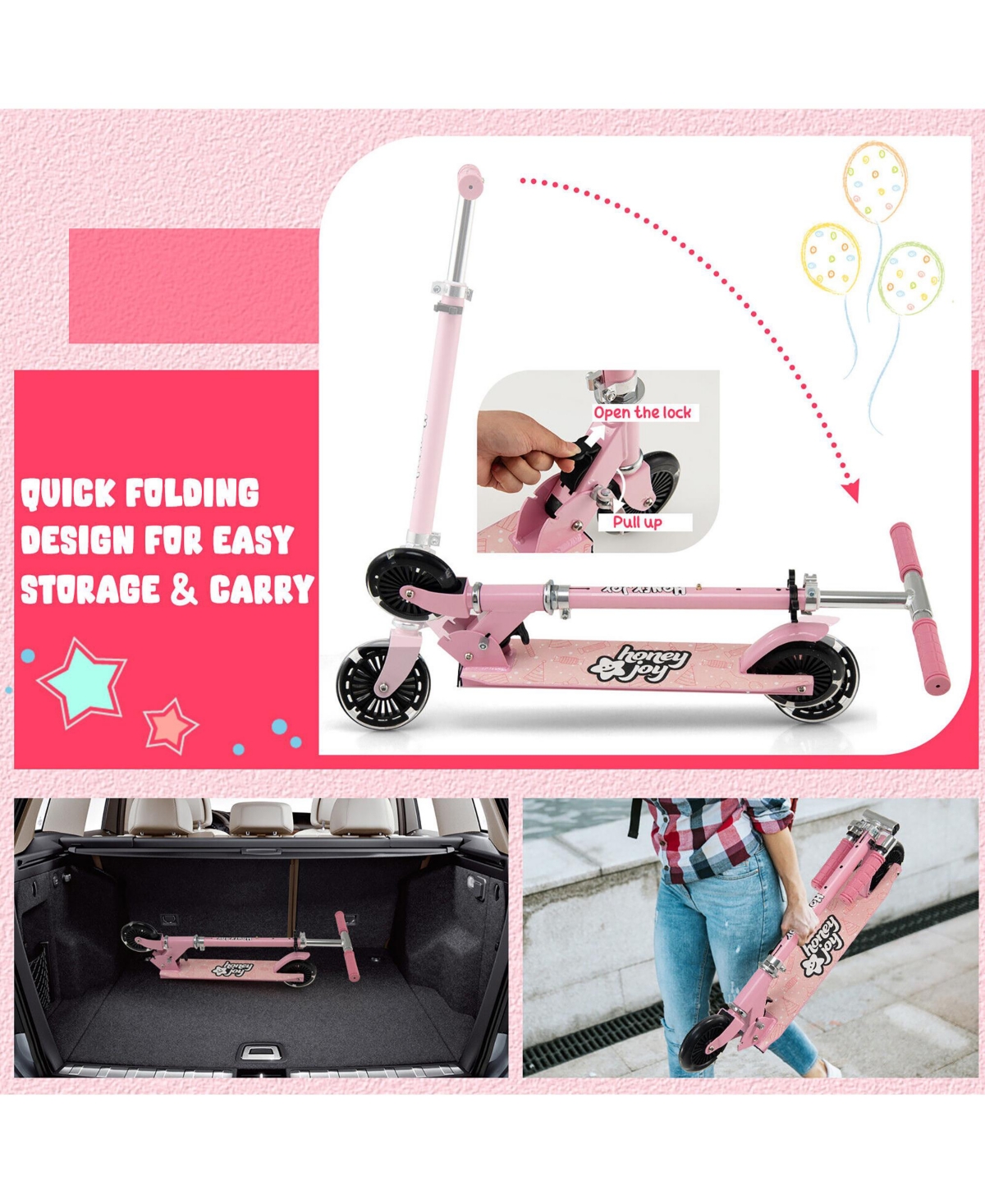 Gymax Folding Adjustable Height Kids Toy Kick Scooter Rear Brake 2 Flashing Wheels- Pink