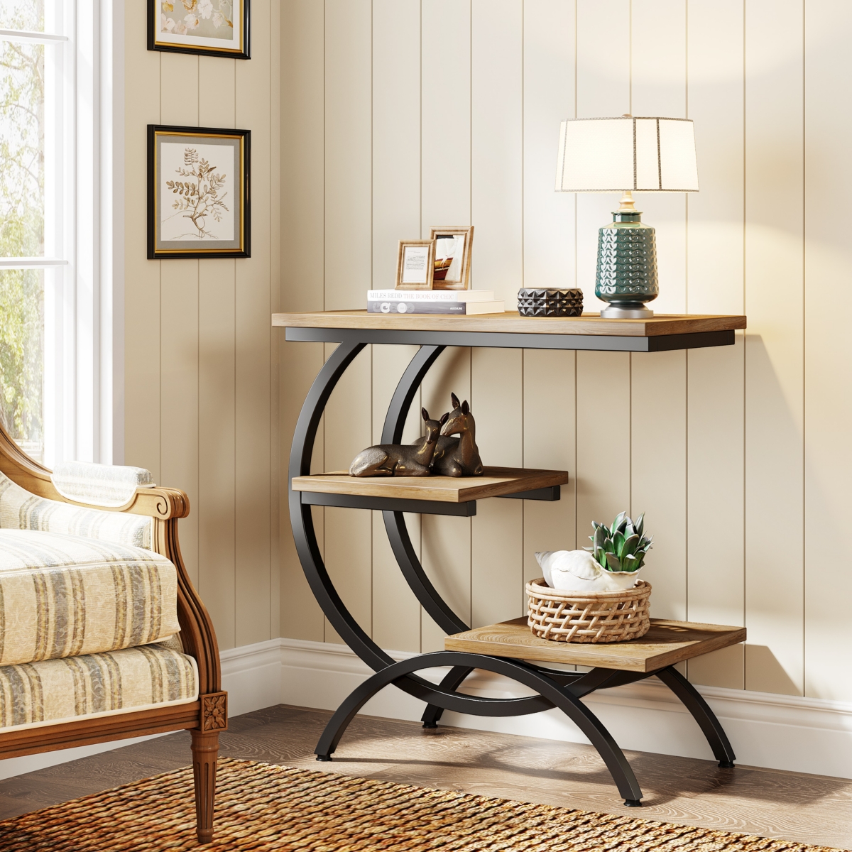 Tribesigns 3-Tier Side Table with Storage Shelves Set of 2,Wood C-Shaped End Table for Living Room Space - brown