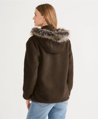 Women's Hooded Half Zip Faux Fur High Pile Fleece Pullover