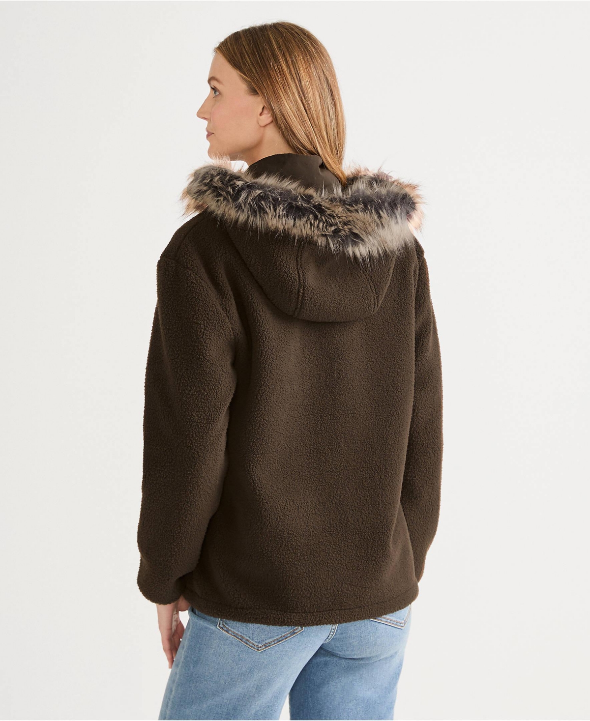 Lands' End Women's Hooded Half Zip Faux Fur High Pile Fleece Pullover