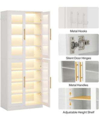 Bookcase with Doors and LED Light, 67-inch Tall  Bookshelf with 8-Tier Adjustable Shelves and Hanging Hooks, Freestanding Storage Cabinet