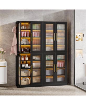 Bookcase with Doors and LED Light, 67-inch Tall  Bookshelf with 8-Tier Adjustable Shelves and Hanging Hooks, Freestanding Storage Cabinet