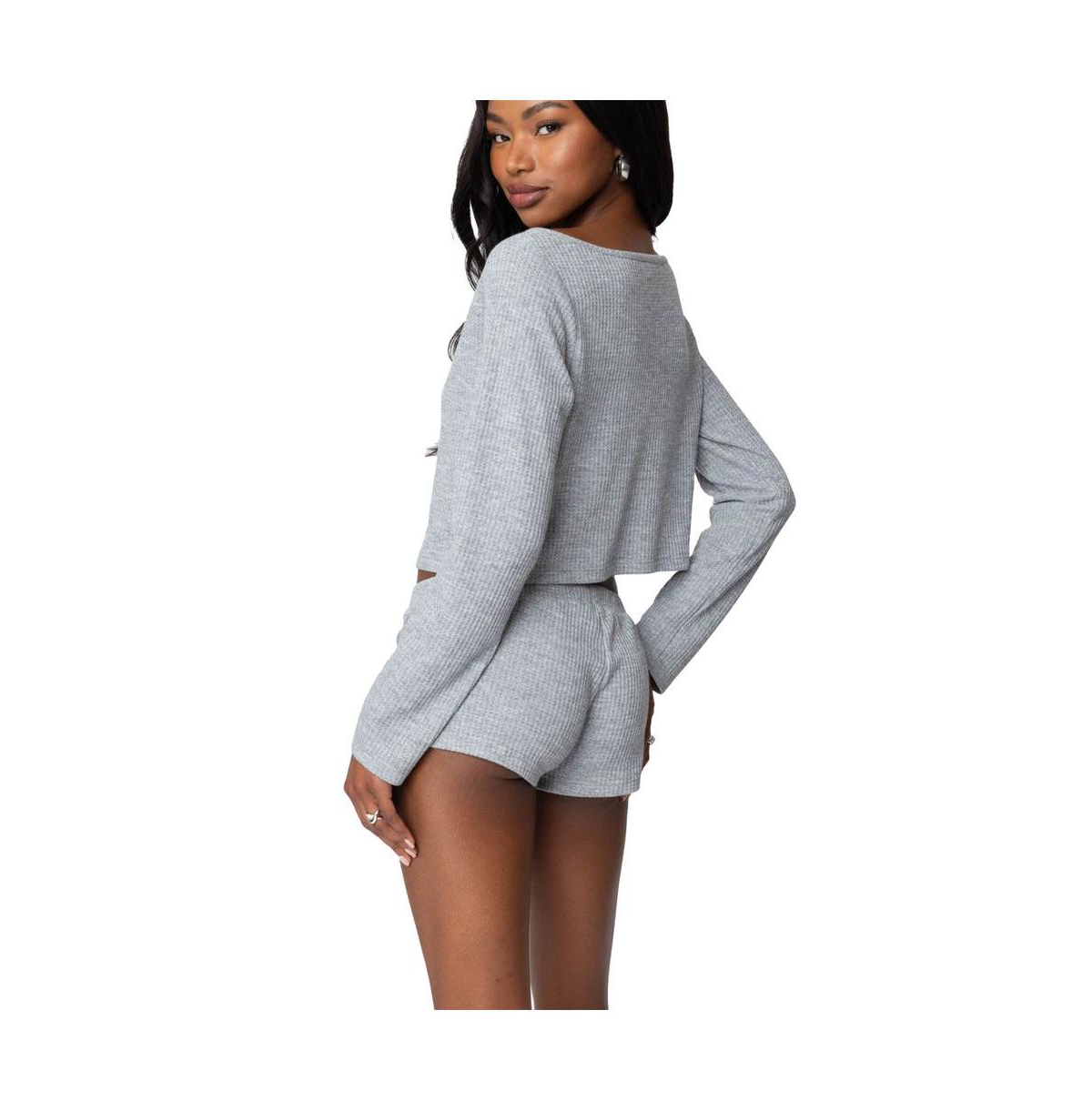 Edikted Women's Teddy Cropped Waffle Top - Gray-melange