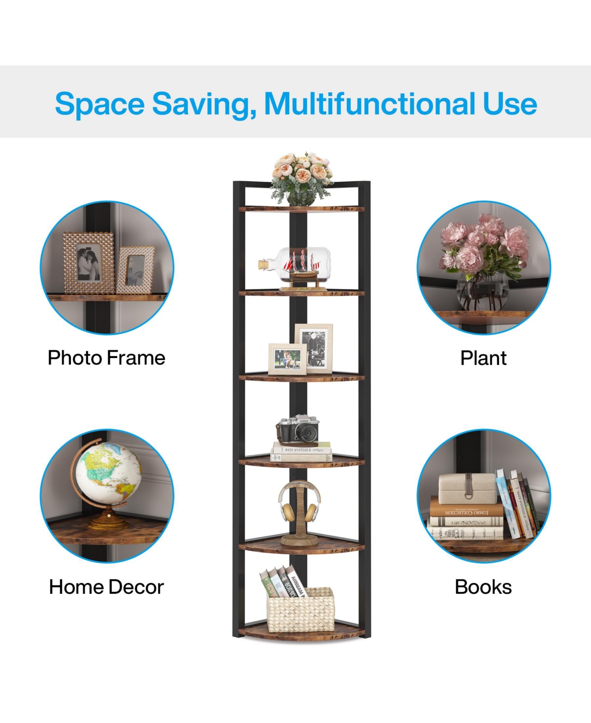 Tribesigns 70.9 Inch Tall Corner Bookshelf Bookcase Rustic Corner Shelving Unit Storage Rack,6 Tier Corner Shelf