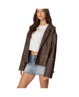 Womens Oversized Washed Faux Leather Jacket