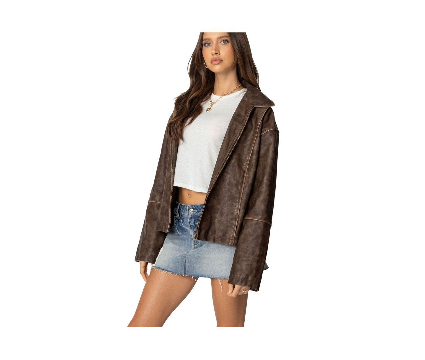 Женская куртка Edikted Oversized Washed Faux Leather, цвет: Коричневый потёртый — фото 2