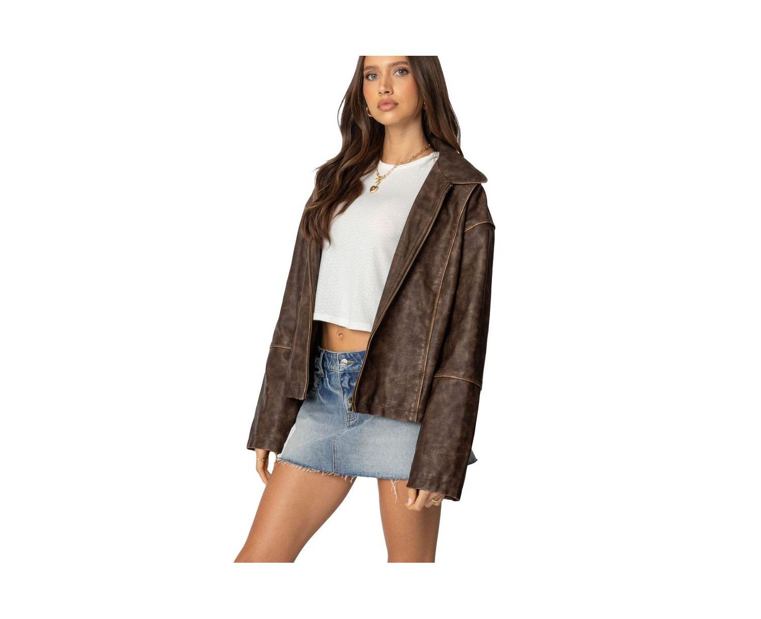 Women's Oversized Washed Faux Leather Jacket