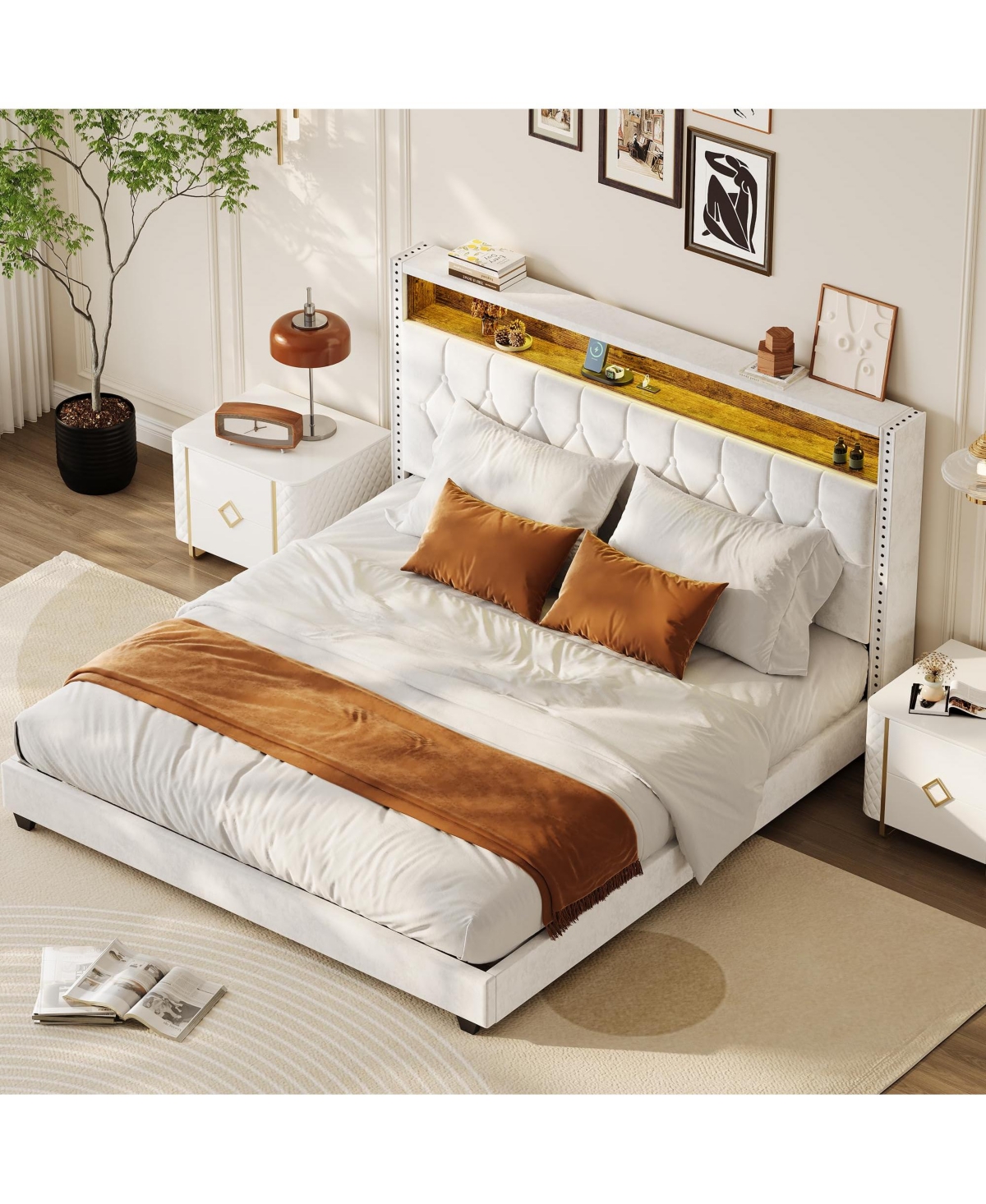 gaomon Queen Velvet Upholstered Bed Frame with Storage Headboard and Built-in Charging Station