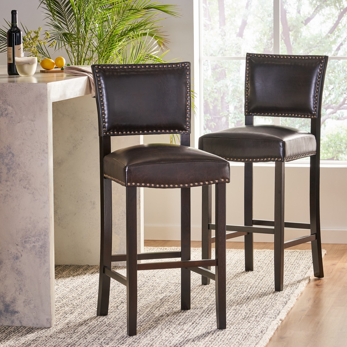 The Pop Home Contemporary Upholstered Bar Stool with Nailhead Trim,Rubberwood Legs,2PK-The Pop Home