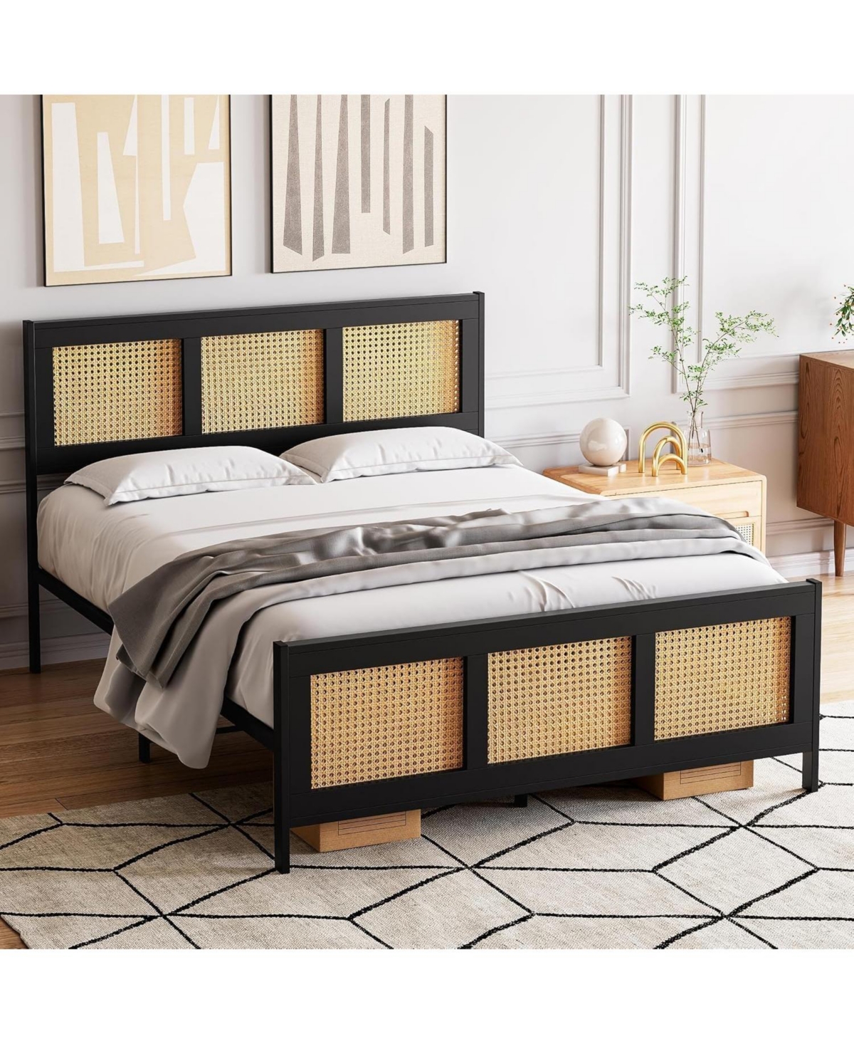 gaomon Queen Size Bed Frame, Metal Bed Frame with Rattan Headboard and Footboard