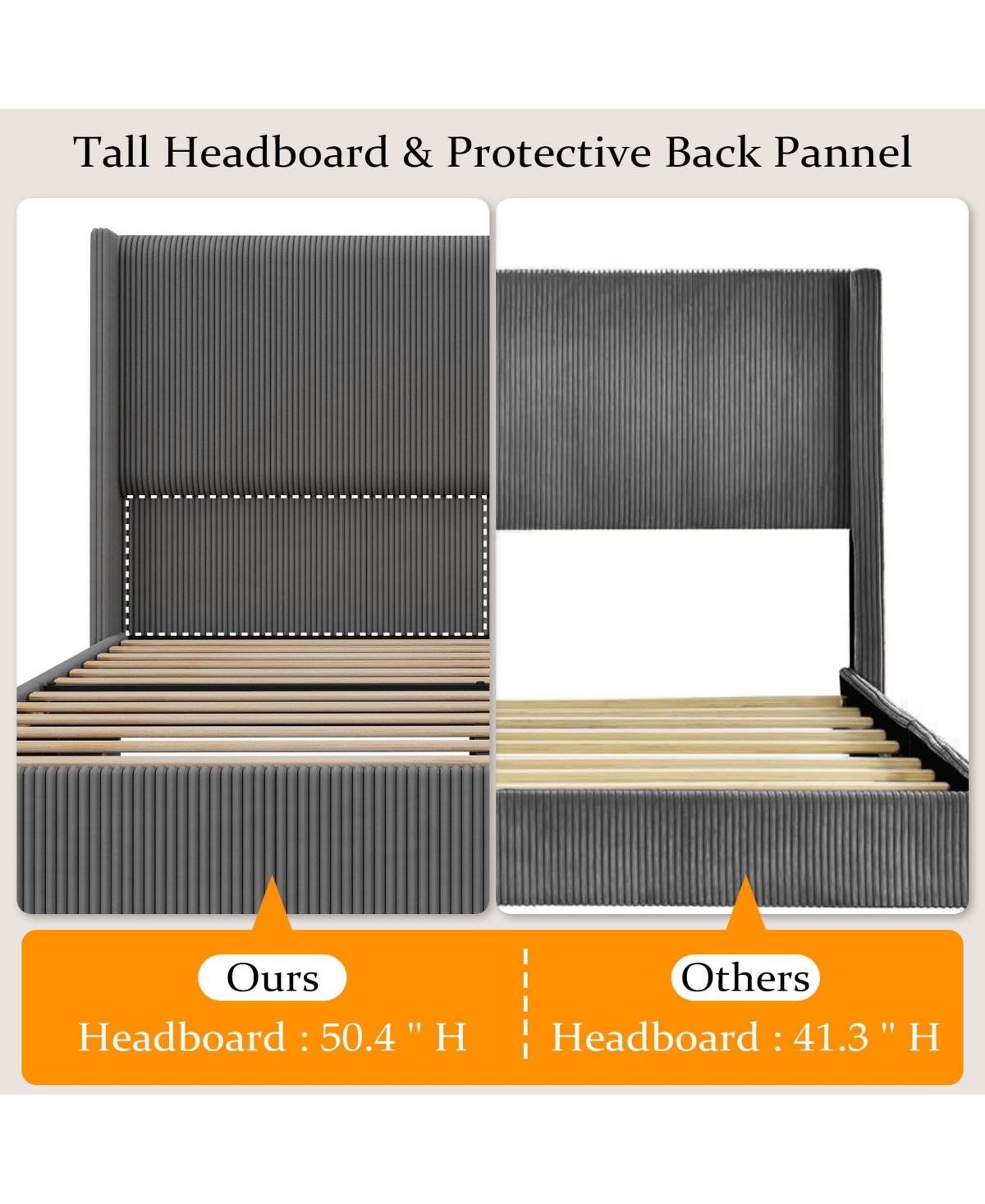 gaomon Size Bed Frame, Upholstered Platform Corduroy Bed Frame with Vertical Channel Tufted Wingback Headboard