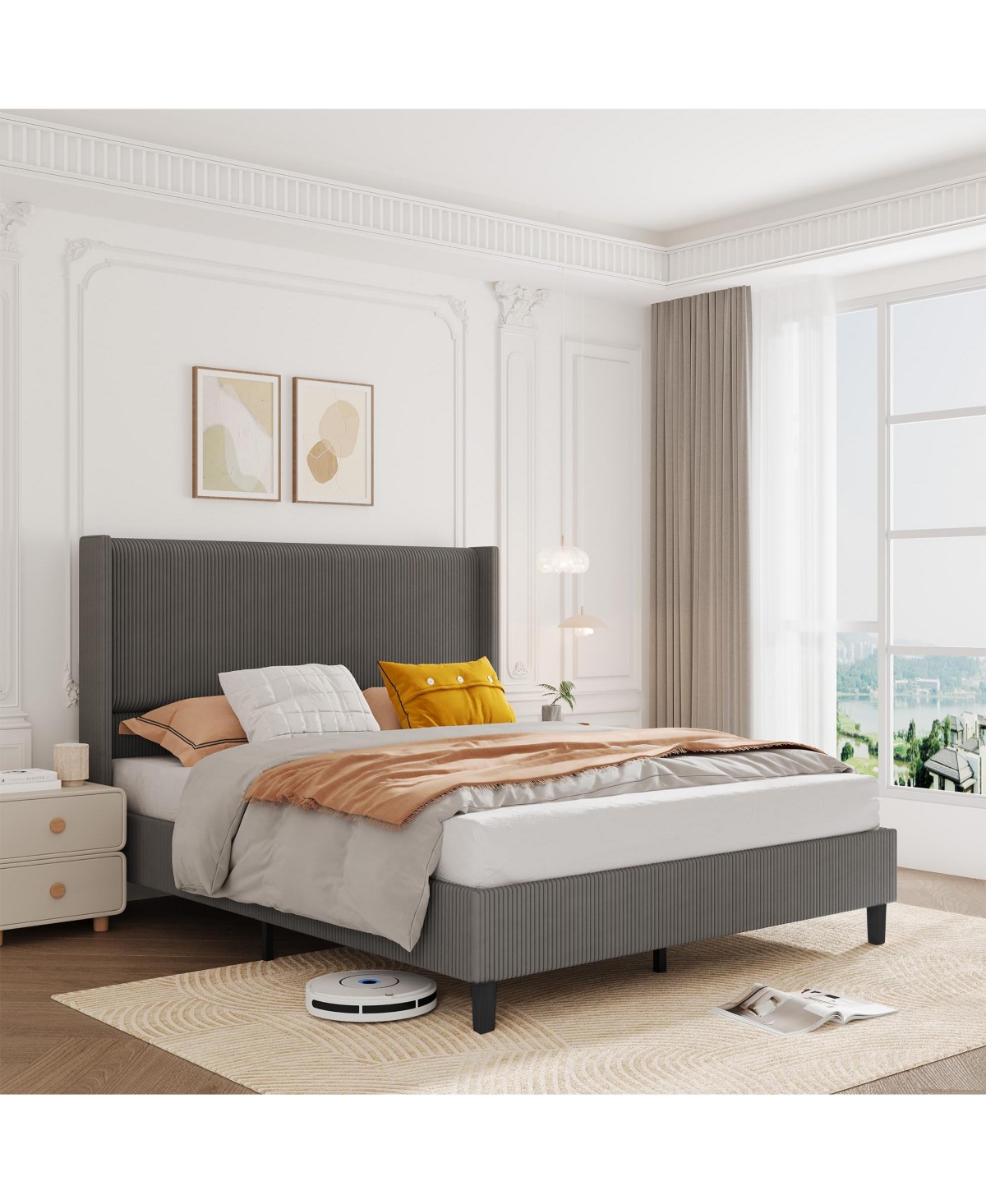 gaomon Size Bed Frame, Upholstered Platform Corduroy Bed Frame with Vertical Channel Tufted Wingback Headboard