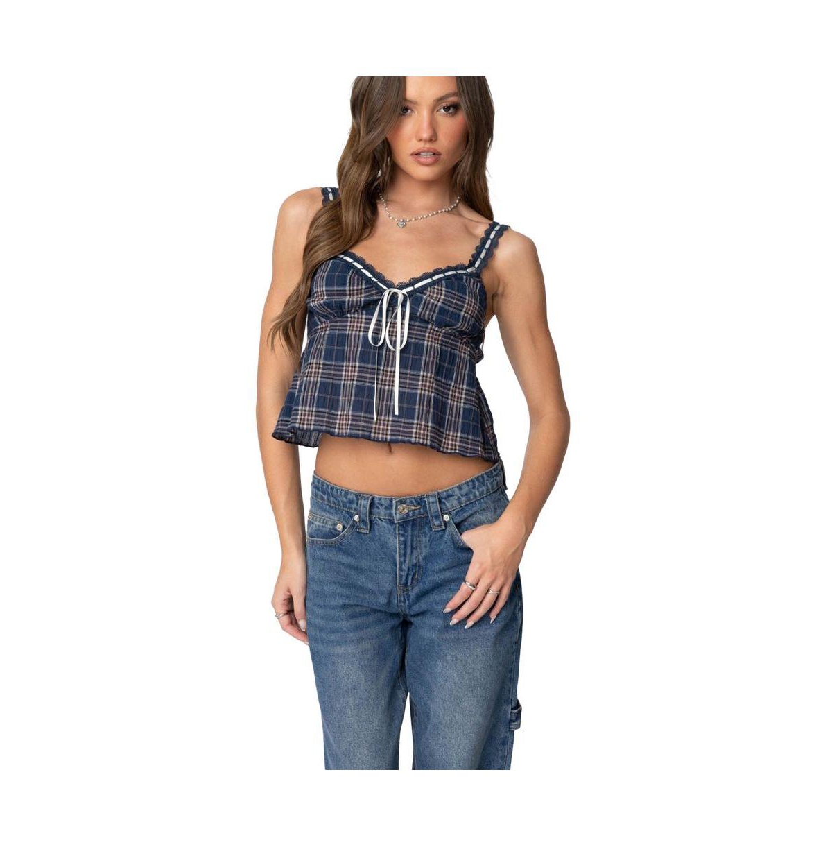 Edikted Women's Plaid Lace Trim Tank Top