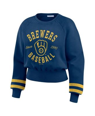 Women's Navy Milwaukee Brewers Vintage Washed Cropped Pullover Sweatshirt