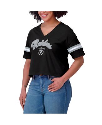 Women's Black Las Vegas Raiders Color Block Boxy Modest Crop V-neck T-shirt