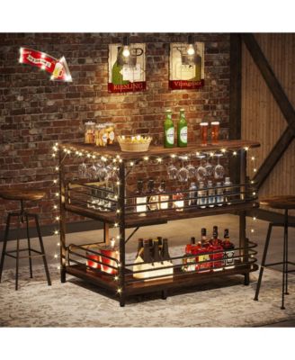 3 Tier Liquor Bar Table with Storage Shelves and Wine Glasses Holder,L-Shaped Home Bar Unit
