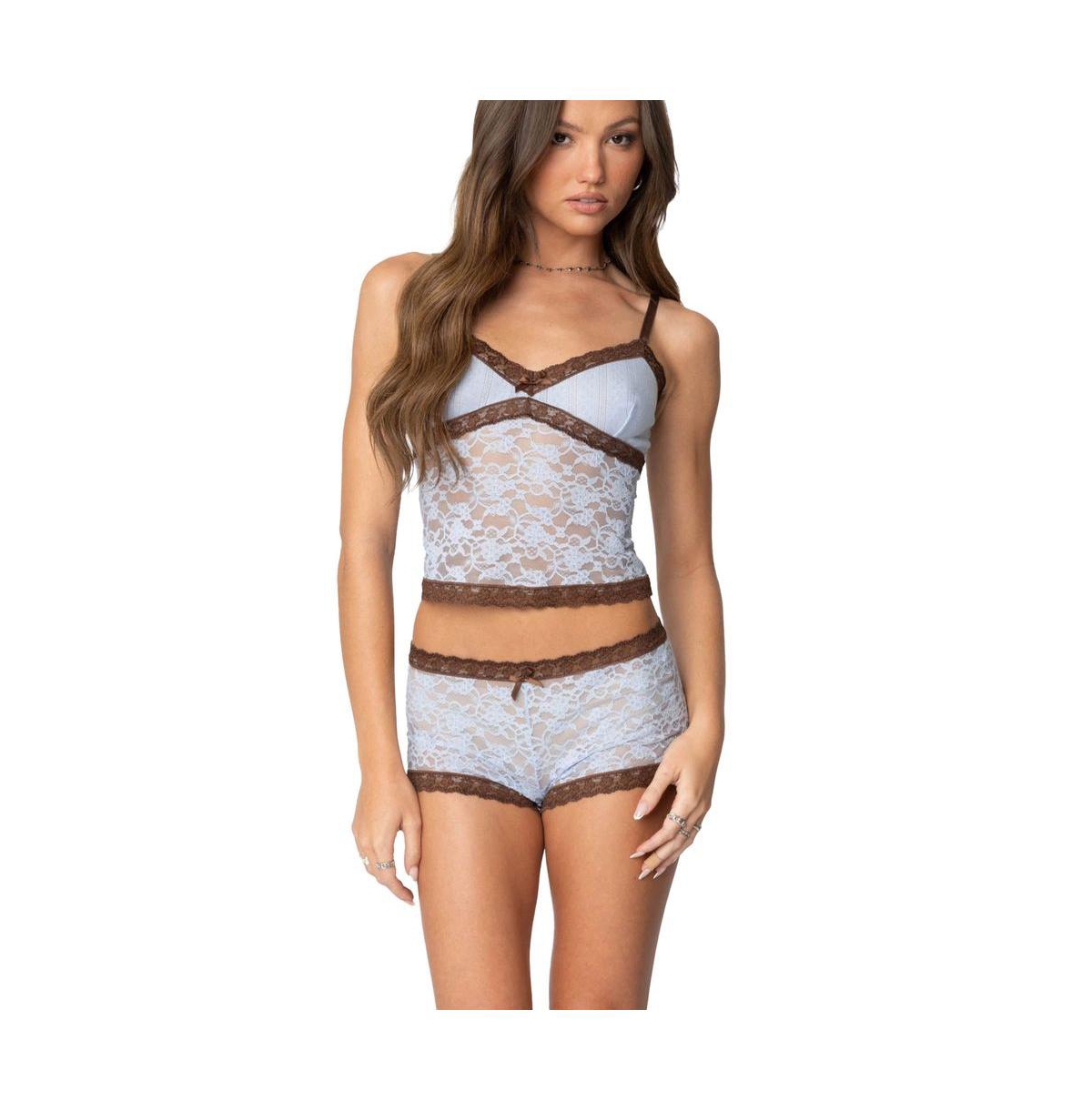 Edikted Women's Dee Pointelle Sheer Lace Tank Top - Light-blue