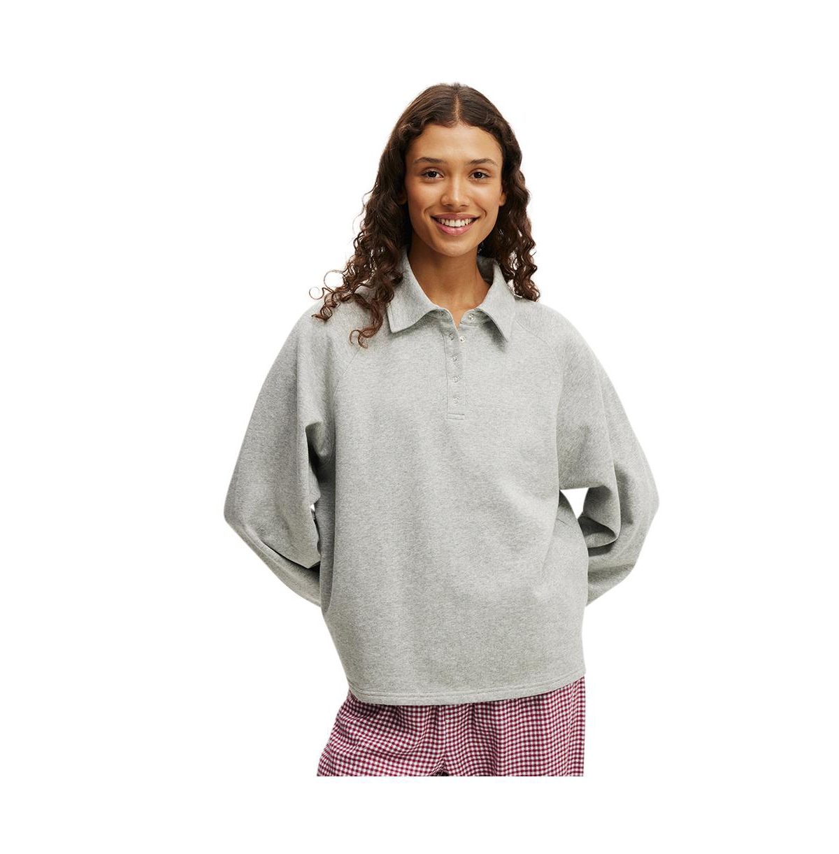 Women's Oversized Collared Lounge Fleece Sweater - Grey marle