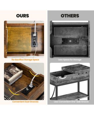 End Table with USB Charging Station, Flip Top, Side Pocket – Industrial Nightstand