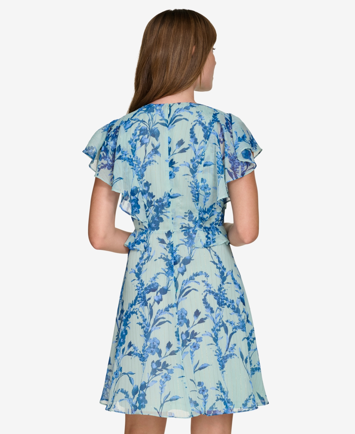 Tommy Hilfiger Petite Printed Flutter-Sleeve Chiffon Dress -Blue