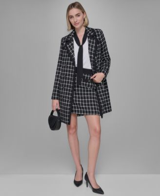 Womens Windowpane Topper Jacket Tie Neck Blouse Mini Skirt