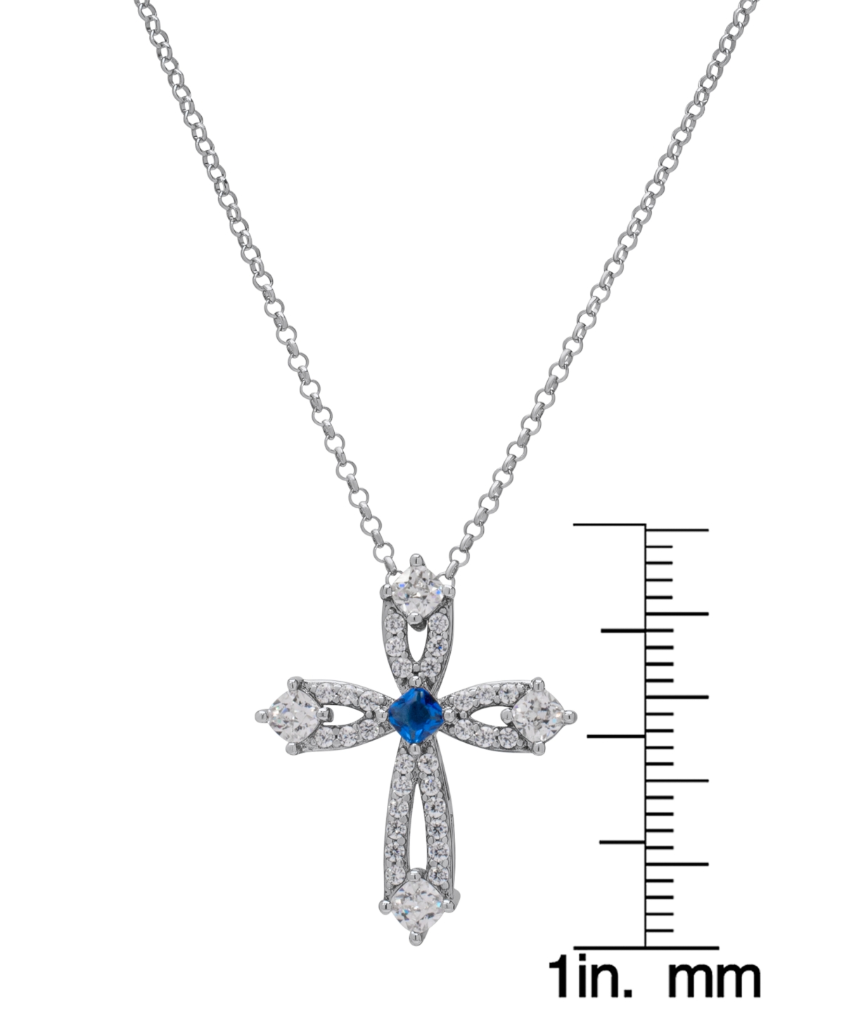Macy's Blue Spinel (1/20 Ct. T.w.) & Lab Grown White Sapphire (1-1/3 Ct. T.w.) Open Cross 18" Pendant Neckl In Silver