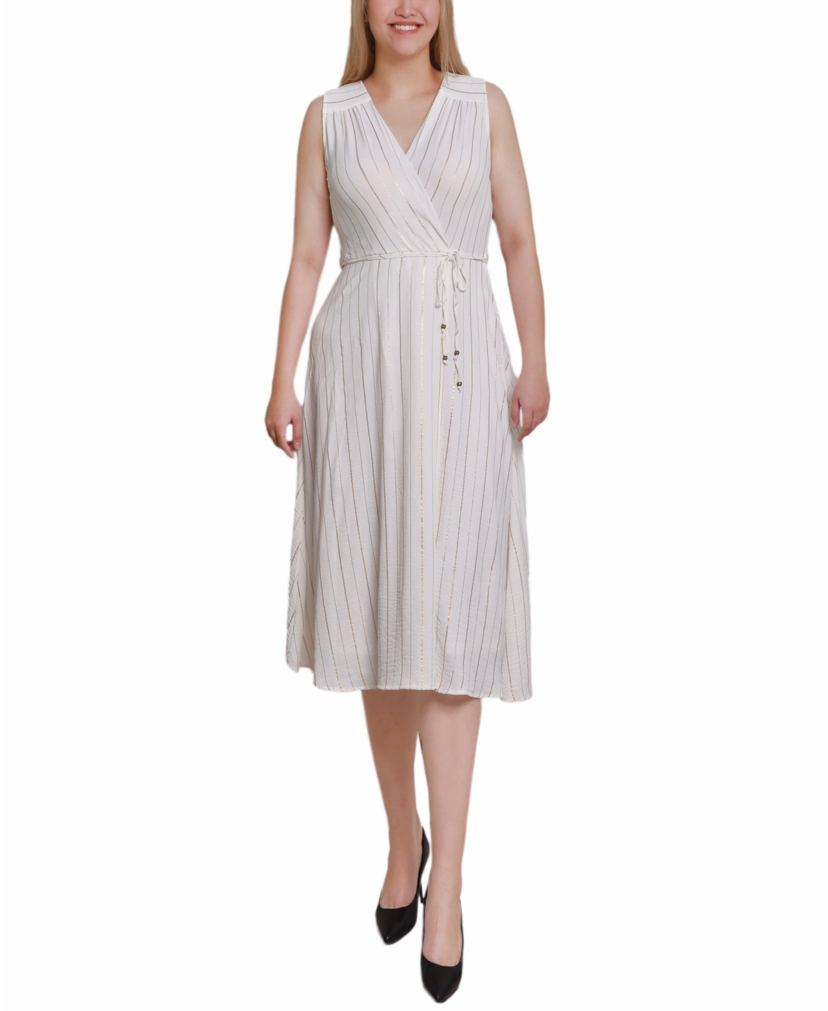 Ny Collection Women's Sleeveless Surplice Vertical Stripe Dress In White Gold