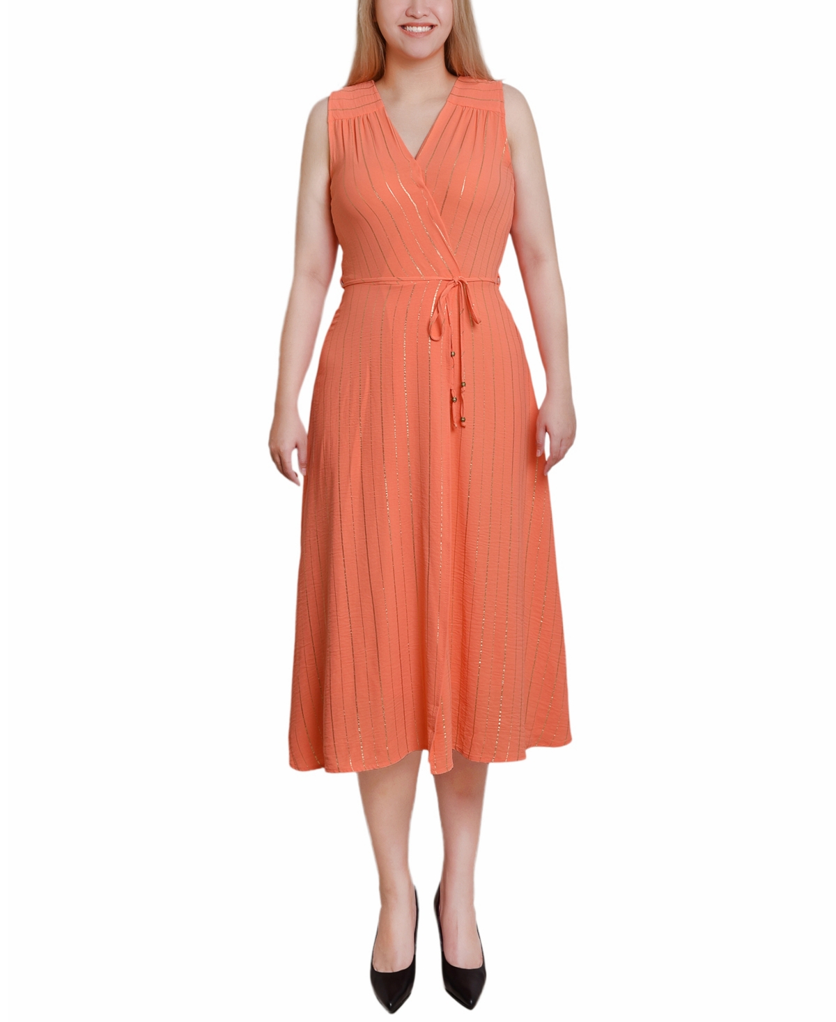 Ny Collection Women's Sleeveless Surplice Vertical Stripe Dress In Dark Coral Gold