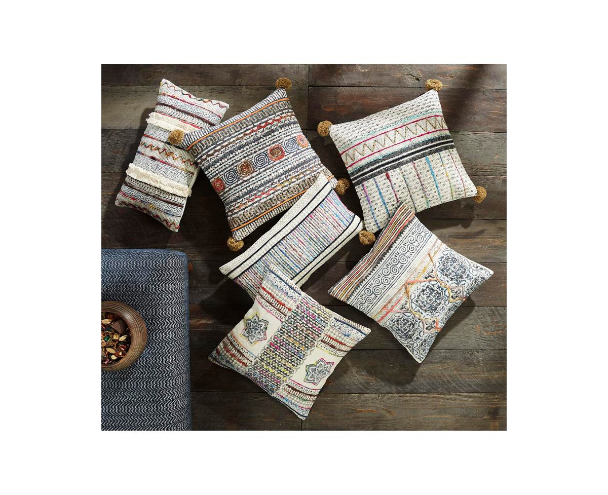 Ihi Home Embroidered Pillow, Natural - Geometric Half and Half Natural 105