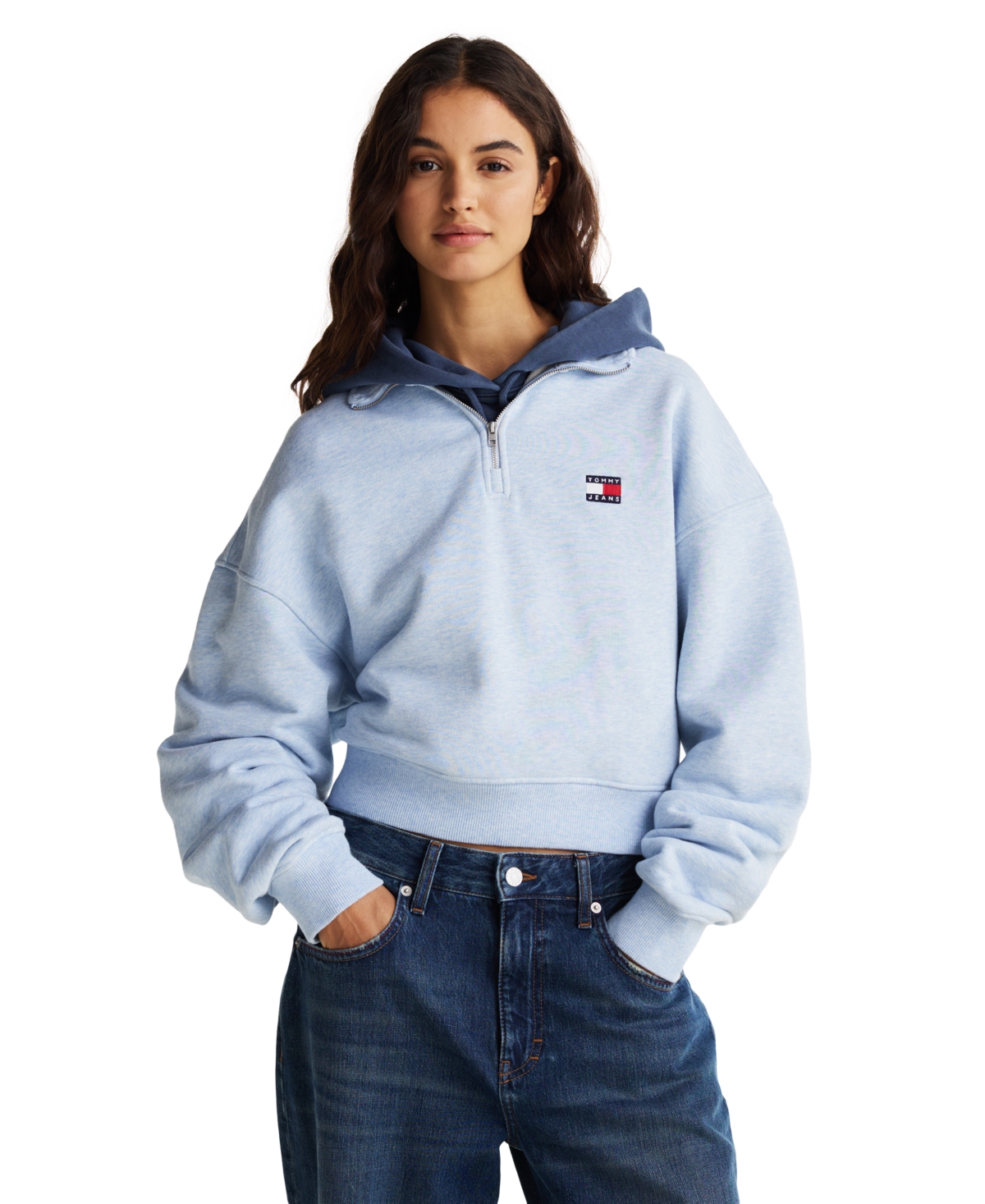 Women's Boxy Cropped Badge Quarter-Zip Sweatshirt - Sweet Blue