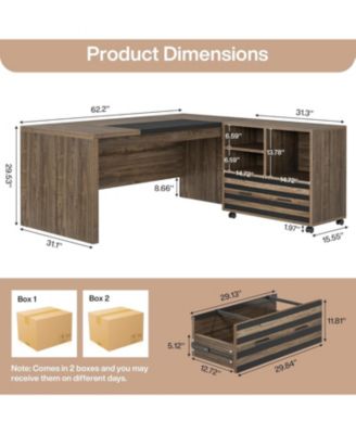 62.2" MDF L-Shaped Mobile File Cabinet, Storage Shelves & Lockable Casters Executive Desk