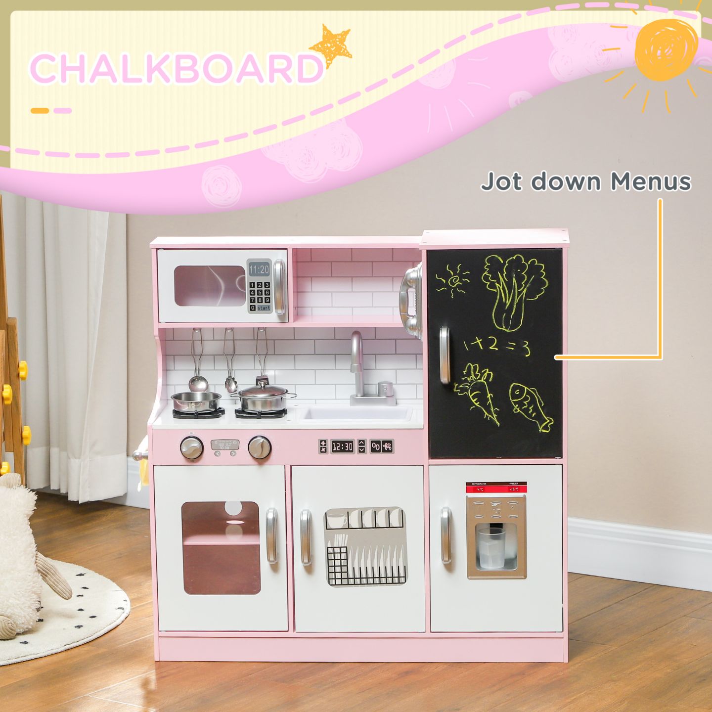 Детские игрушки Qaba Chalkboard Toy Phone Play Kitchen with 5-Piece Accessory Set, Ages 3+, цвет: Розовый — фото 7