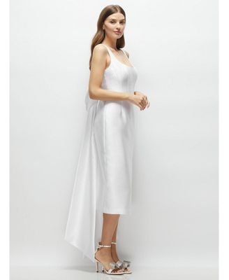 Women's Scoop Neck Corset Satin Midi Dress with Floor-Length Bow Tails