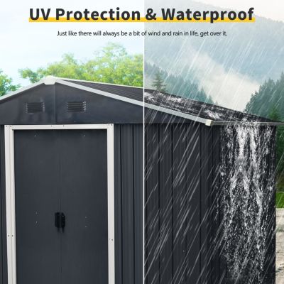 8ft x 4ft Outdoor Metal Storage Shed with Sliding Door and foundation for Backyard, Patio, Lawn (Black and White