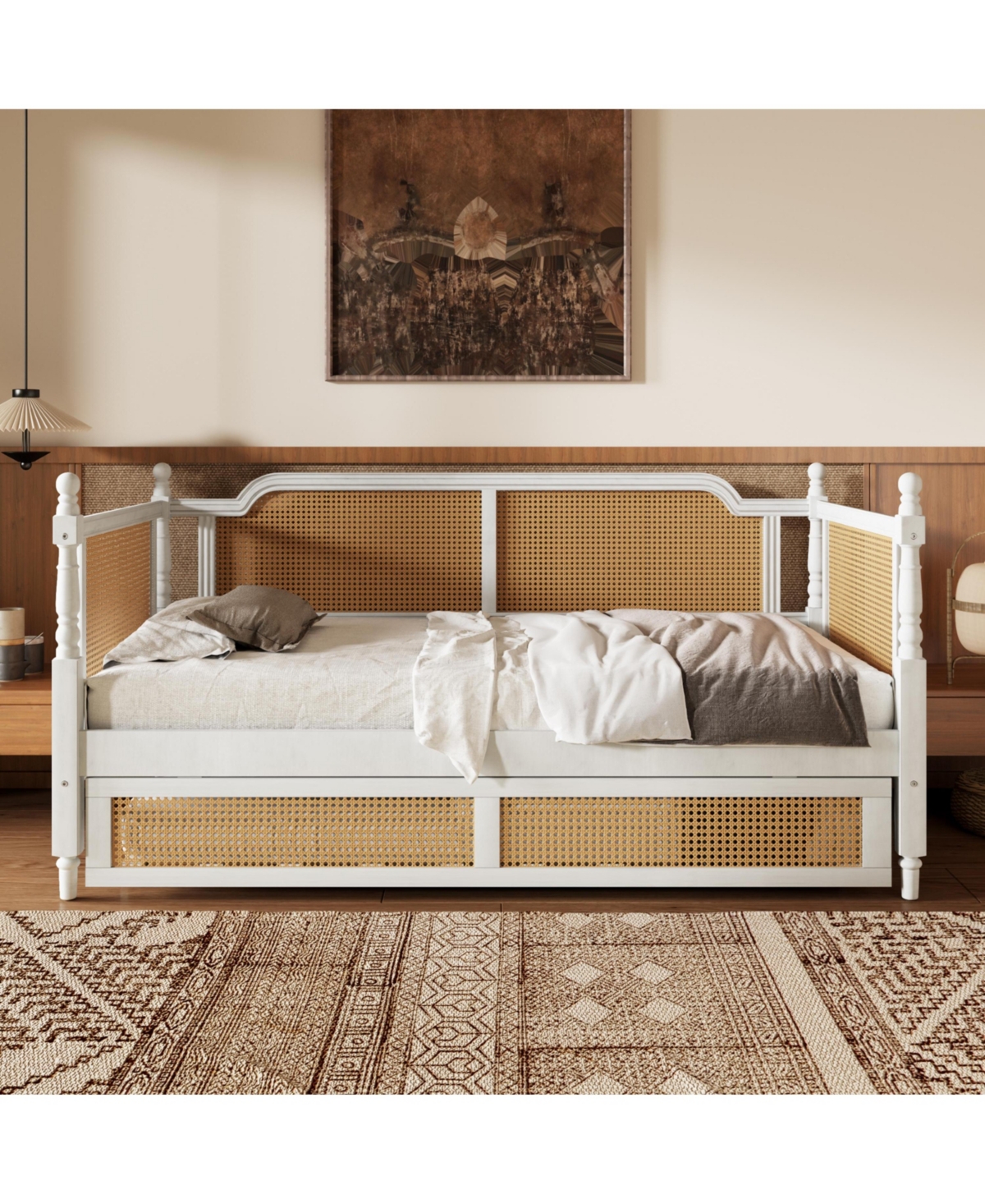 Streamdale Furniture Traditional Style Rattan Twin Size Daybed with Twin Size Trundle for Limited Space, Guest Room, No Box Spring Needed,Antique Whit
