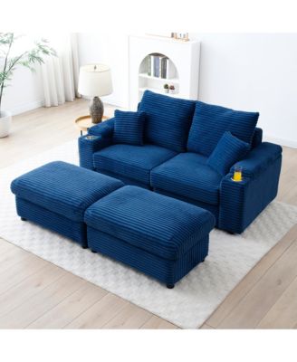 Streamdale Corduroy Loveseat with Ottomans & Pillows