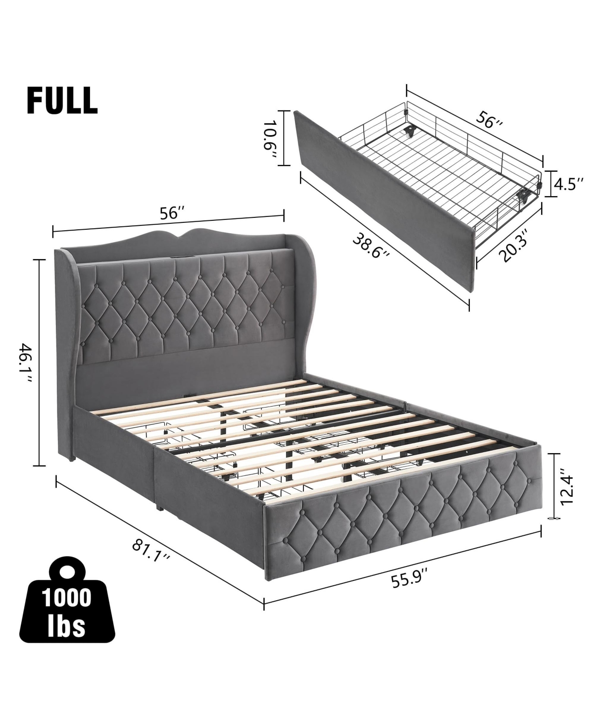 gaomon SizeVelvet Bed Frame with 4 Convenient Storage Drawers, Wingback Headboard with Charging Station - Grey