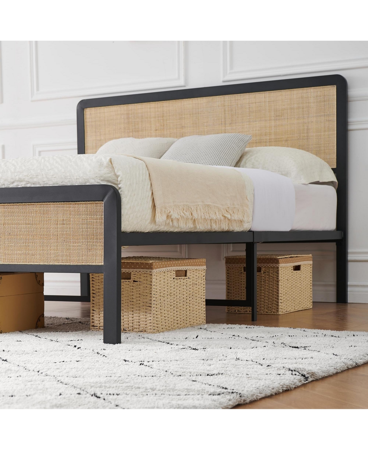 gaomon Size Metal Bed Frame, Size Bed Frame with Rattan Headboard and Footboard
