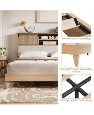 Rattan Queen Bed Frame with Sliding Door Shelf Headboard, Bohemian Rattan Bed Frame Queen Size with Shelves