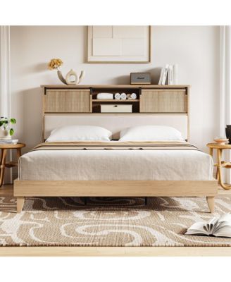 Rattan King Bed Frame with Sliding Door Shelf Headboard, Bohemian Rattan Bed Frame King Size with Shelves