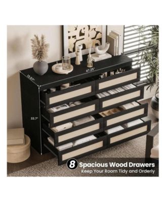 8 Drawer Double Dresser For Bedroom, Rattan Chest Of Dressers, Modern Wooden Dresser Chest