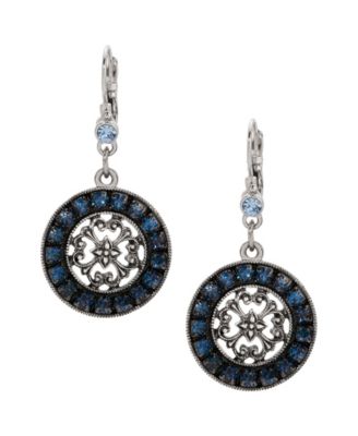 Blue Crystal Round Filigree Drop Earrings