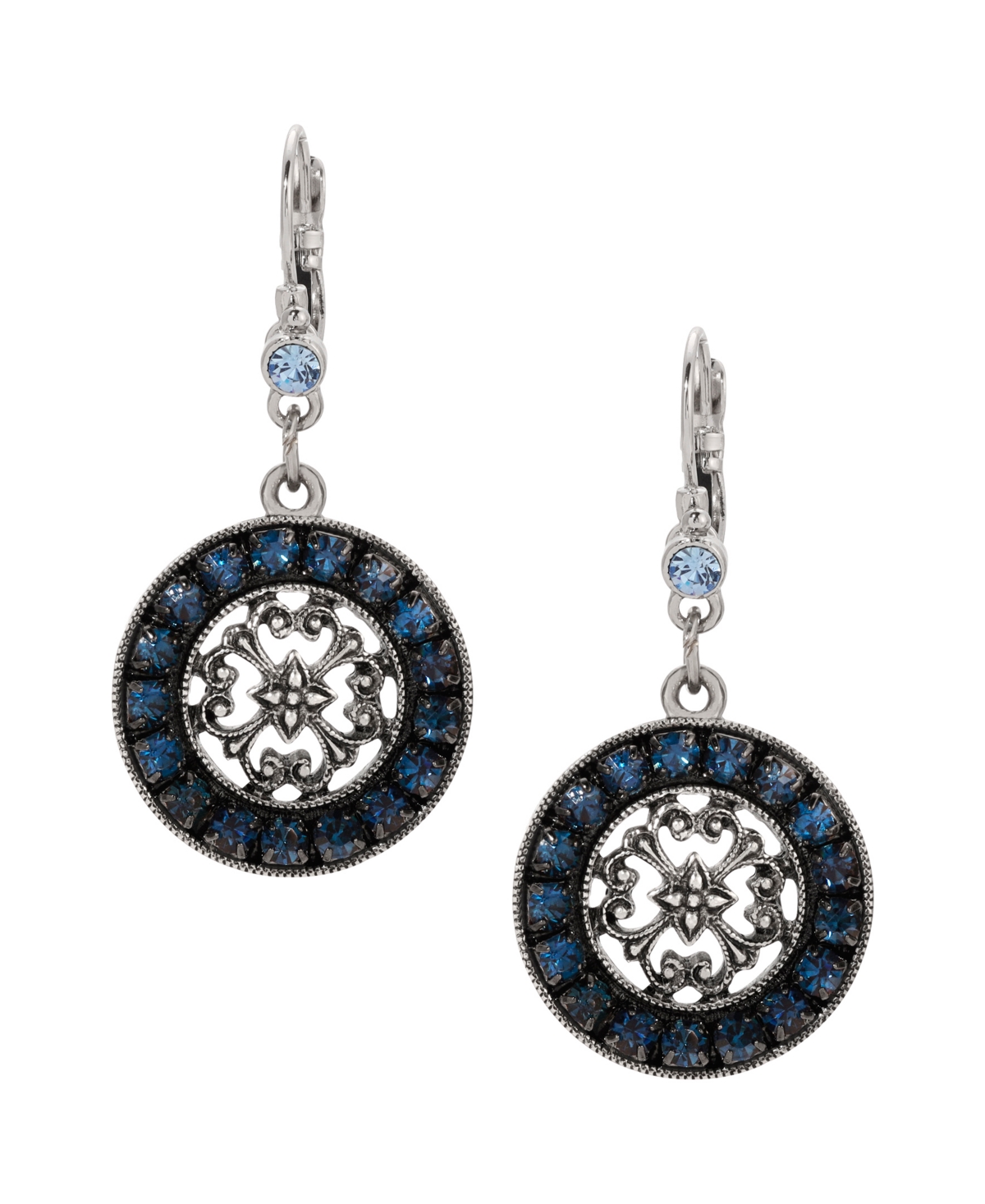 2028 Blue Crystal Round Filigree Drop Earrings In Blue