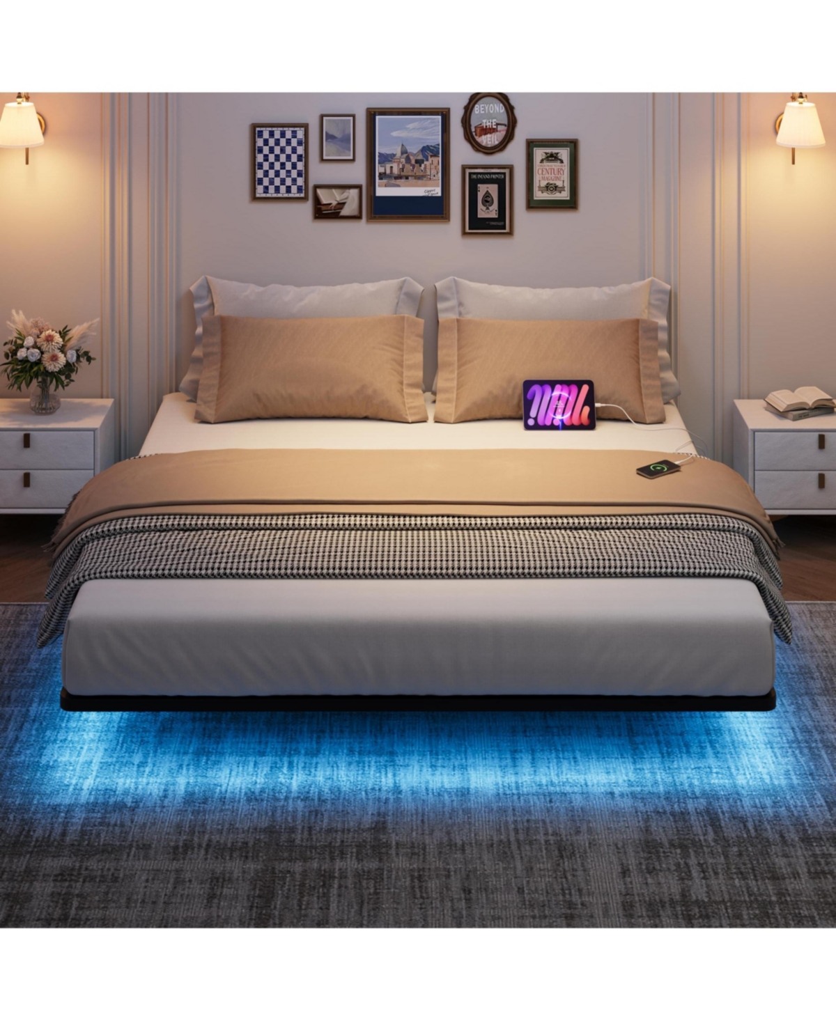 gaomon Floating Bed Frame, Size Bed Frame with Led Lights, Charging Station, Metal Platform Bed Frame