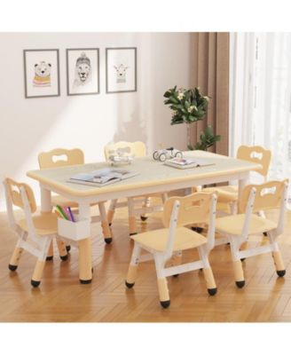 Kids Table and 6 Chair Set with Storage Box, Height Adjustable Toddler Table and Chairs Set for Ages 2-10, Graffiti Desktop, Non-Slip Legs, Children Activity Table for Daycare Classroom Home