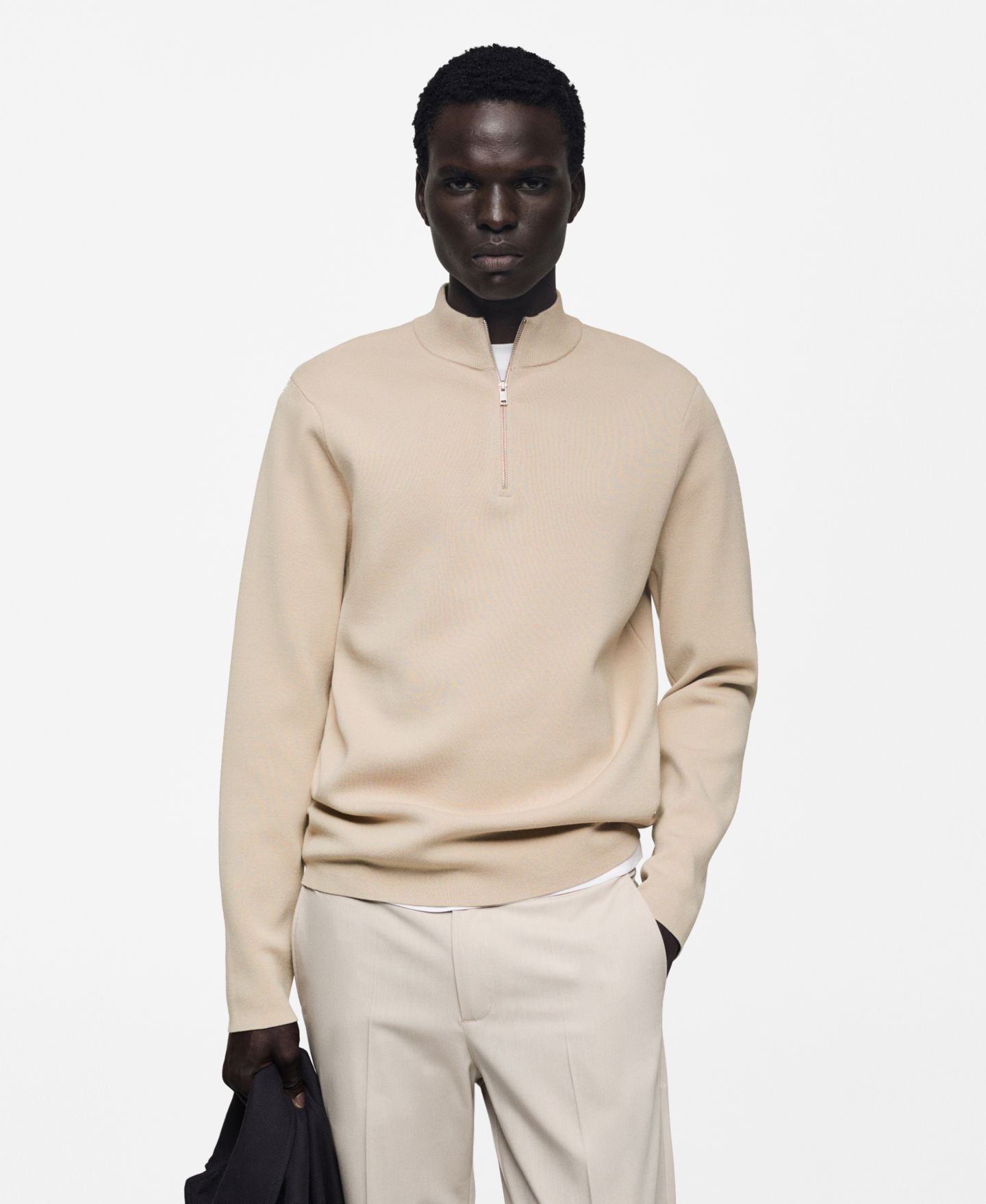 Мужской свитер MANGO Zipped High Collar, цвет: Бежевый — фото 1