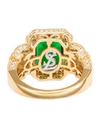 Suzy Levian Yellow Sterling Silver Emerald-Cut Blue and White Cubic Zirconia Pave Ring