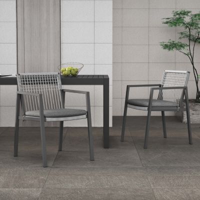 Outdoor Dining Set, Aluminum Dining Chair Set of 6 with Rope + Aluminum Dining Table, Gray+Black