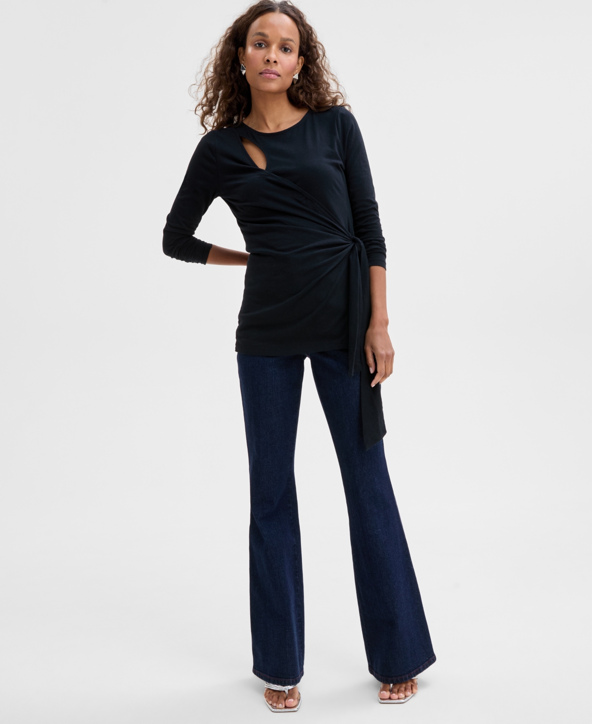 Inc International Concepts Women's Cotton Long Sleeve Faux-wrap Top, Exclusively At Macy's In Deep Black